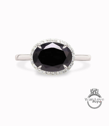 Black Spinel & Diamond Oval East West Halo Engagement Ring,  Custom, 14k 18k White Yellow Rose Gold-Platinum-Wedding,Anniversary Gift