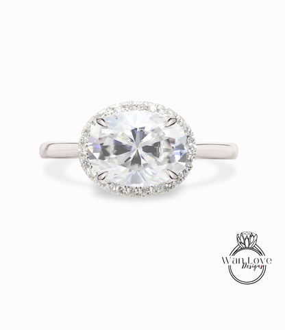 Anello di fidanzamento con diamante Moissanite ovale East West ovale, anello da sposa vintage in oro rosa 14K 18K Art Deco ovale grigio moissanite con diamante