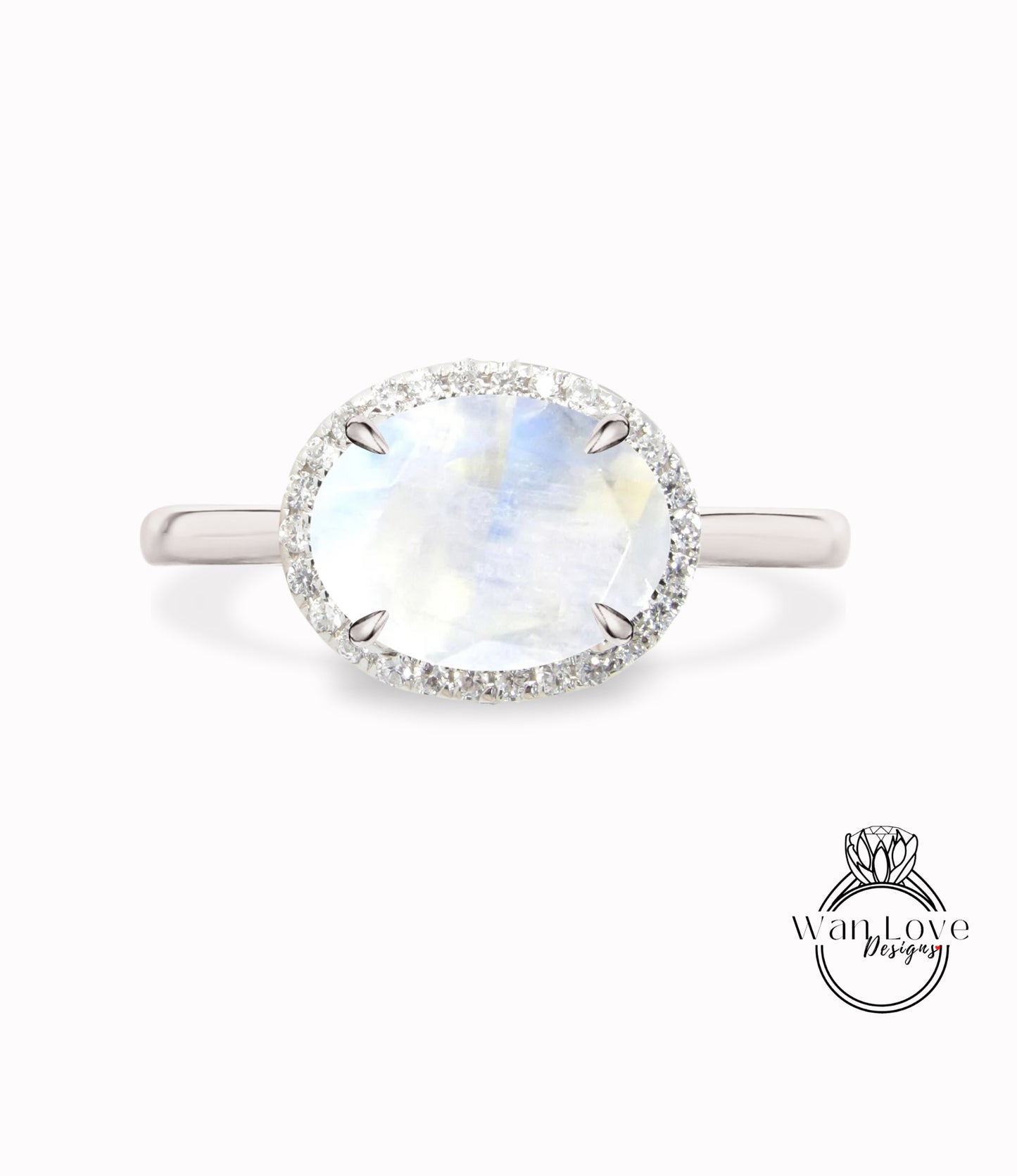 Anello di fidanzamento East West con pietra di luna e diamanti-Taglio ovale Halo Custom made-Anniversario di matrimonio-14k-18k-Bianco Giallo Oro rosa-Platino