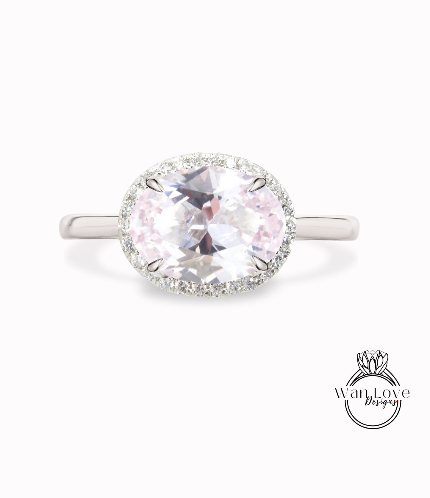 Light Pink Sapphire & Diamond East West Oval Halo with Plain Band Engagement Ring, Custom-14kt 18kt White Rose Yellow Gold, Platinum