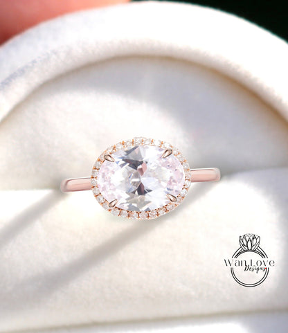 Light Pink Sapphire & Diamond East West Oval Halo with Plain Band Engagement Ring, Custom-14kt 18kt White Rose Yellow Gold, Platinum