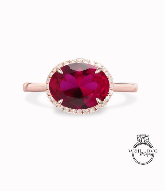 Ruby & Diamond East West Oval Halo Engagement Ring, plain band, Custom, Wedding, Anniversary Gift, Commitment, promise, proposal