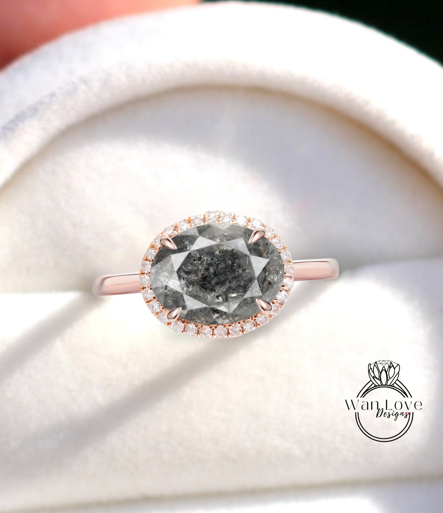 Salt & Pepper Diamond East West Oval Halo plain band Engagement Ring Antique gold band ring unique vintage diamond Anniversary promise ring