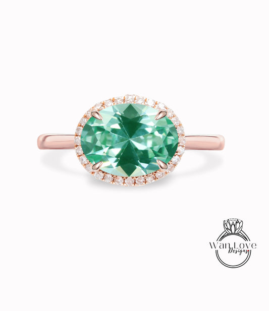 Anello di fidanzamento in spinello verde acqua ovale est ovest in oro rosa anello a fascia affusolata vintage unico anello con aureola di diamanti matrimonio anniversario nuziale