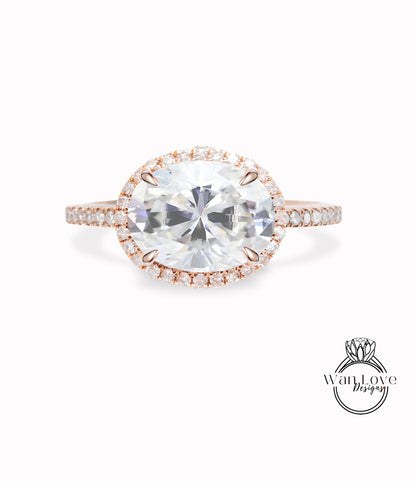 East West Moissanite ovale anello di fidanzamento aureola oro bianco unico anello di fidanzamento aureola art deco ovale diamante halo matrimonio anello di promessa nuziale