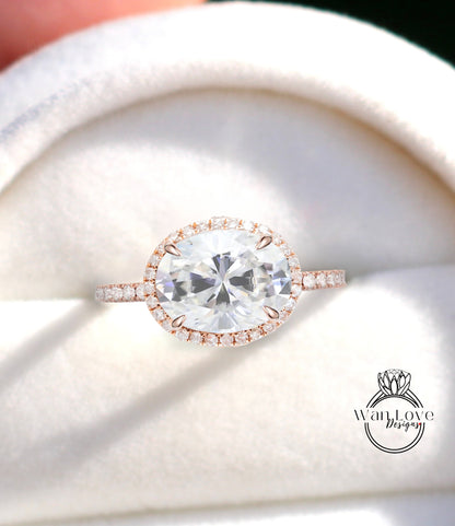 East West Moissanite Oval halo engagement ring white gold Unique halo engagement ring art deco Oval Diamond halo wedding Bridal promise ring