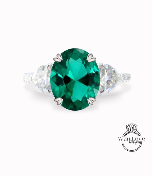 Emerald & Diamonds Elongated Oval Trillion Engagement Ring 3 Gem Stone triangle diamond band ring 14k 18k White Yellow Rose Gold,Platinum,Custom wedding Anniversary Gift