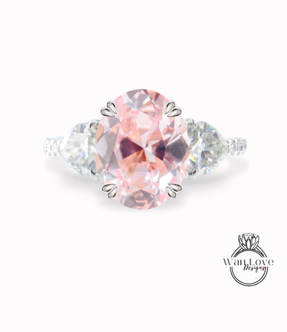 Anello di fidanzamento con diamanti smeraldo e moissanite Cuscino ovale mezza luna 3 pietre preziose 14k 18k bianco giallo oro rosa, platino, personalizzato