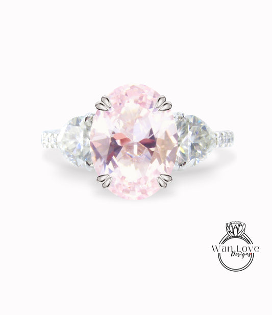 Light Pink Sapphire & Diamonds Elongated Oval Trillion Engagement Ring 3 Gem Stone triangle diamond band ring 14k 18k White Yellow Rose Gold,Platinum,Custom wedding Anniversary Gift