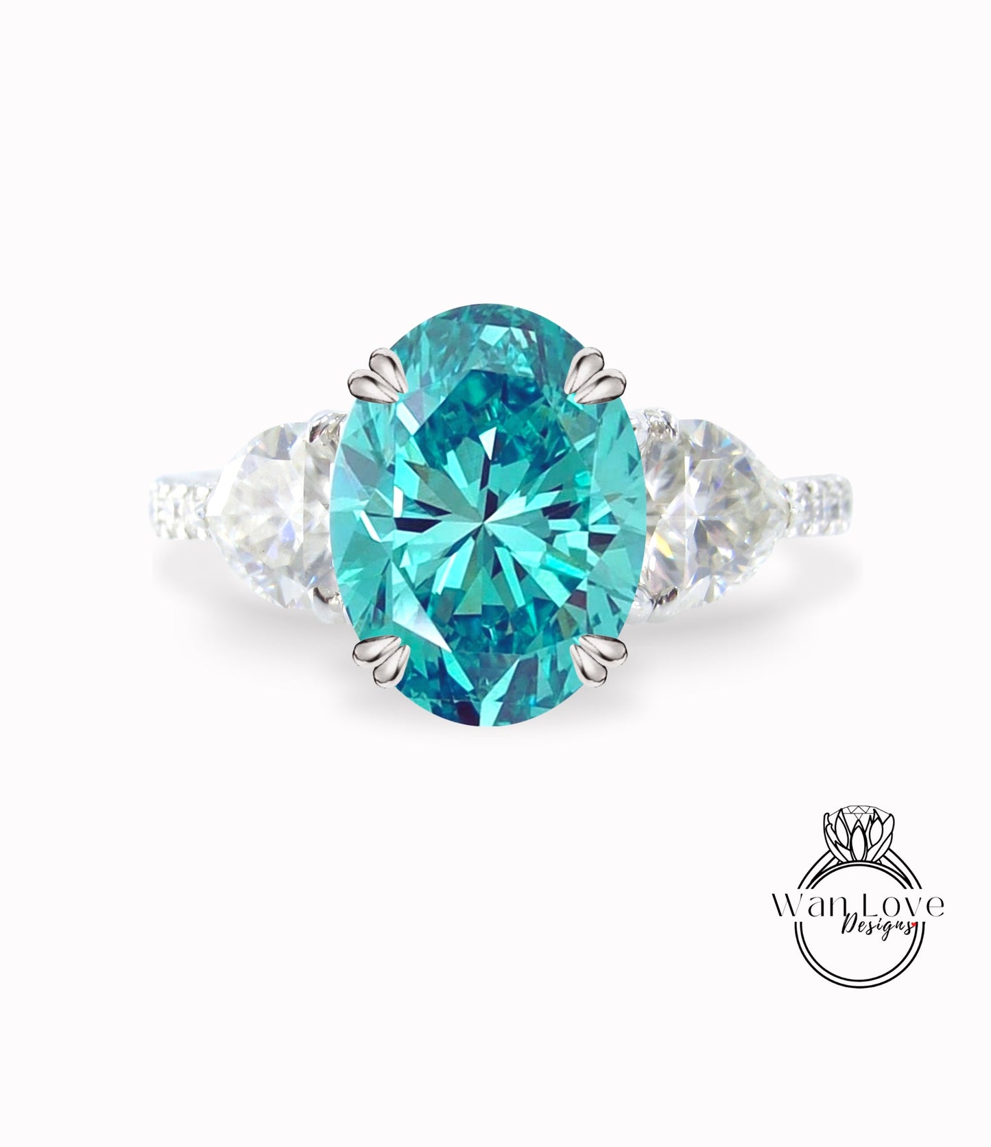 Teal Blue Green Moissanite & Diamonds Elongated Oval Trillion Engagement Ring 3 Gem Stone triangle diamond band ring 14k 18k White Yellow Rose Gold,Platinum,Custom wedding Anniversary Gift