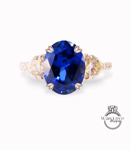 Blue Sapphire & Diamonds Elongated Oval Trillion Engagement Ring 3 Gem Stone triangle diamond band ring 14k 18k White Yellow Rose Gold,Platinum,Custom wedding Anniversary Gift