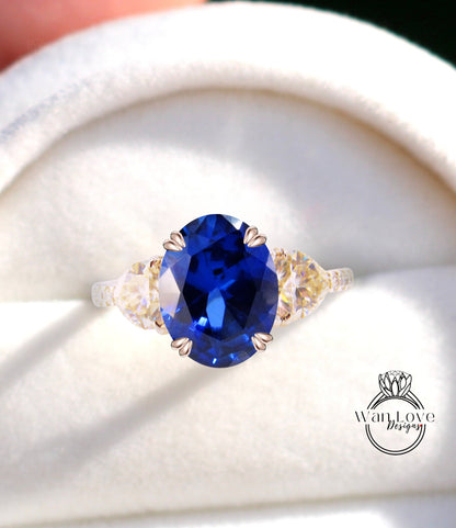 Blue Sapphire & Diamonds Elongated Oval Trillion Engagement Ring 3 Gem Stone triangle diamond band ring 14k 18k White Yellow Rose Gold,Platinum,Custom wedding Anniversary Gift