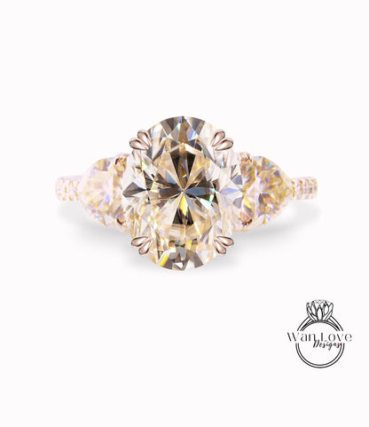 Anello di fidanzamento trilione ovale con diamante Moissanite giallo champagne, 3 pietre preziose, oro giallo rosa bianco personalizzato 14k 18k, matrimonio