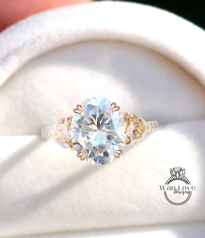 Moissanite & Diamonds Elongated Oval Trillion Engagement Ring 3 Gem Stone triangle diamond band ring 14k 18k White Yellow Rose Gold,Platinum,Custom wedding Anniversary Gift