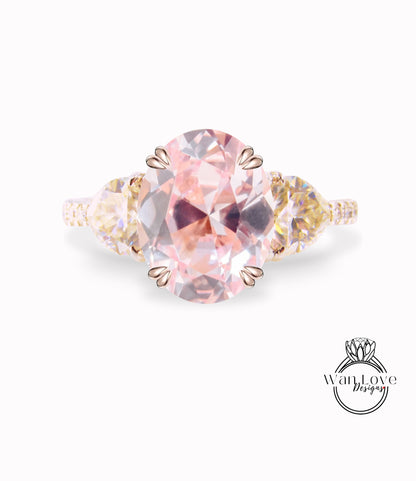 Anello di fidanzamento con diamanti smeraldo e moissanite Cuscino ovale mezza luna 3 pietre preziose 14k 18k bianco giallo oro rosa, platino, personalizzato