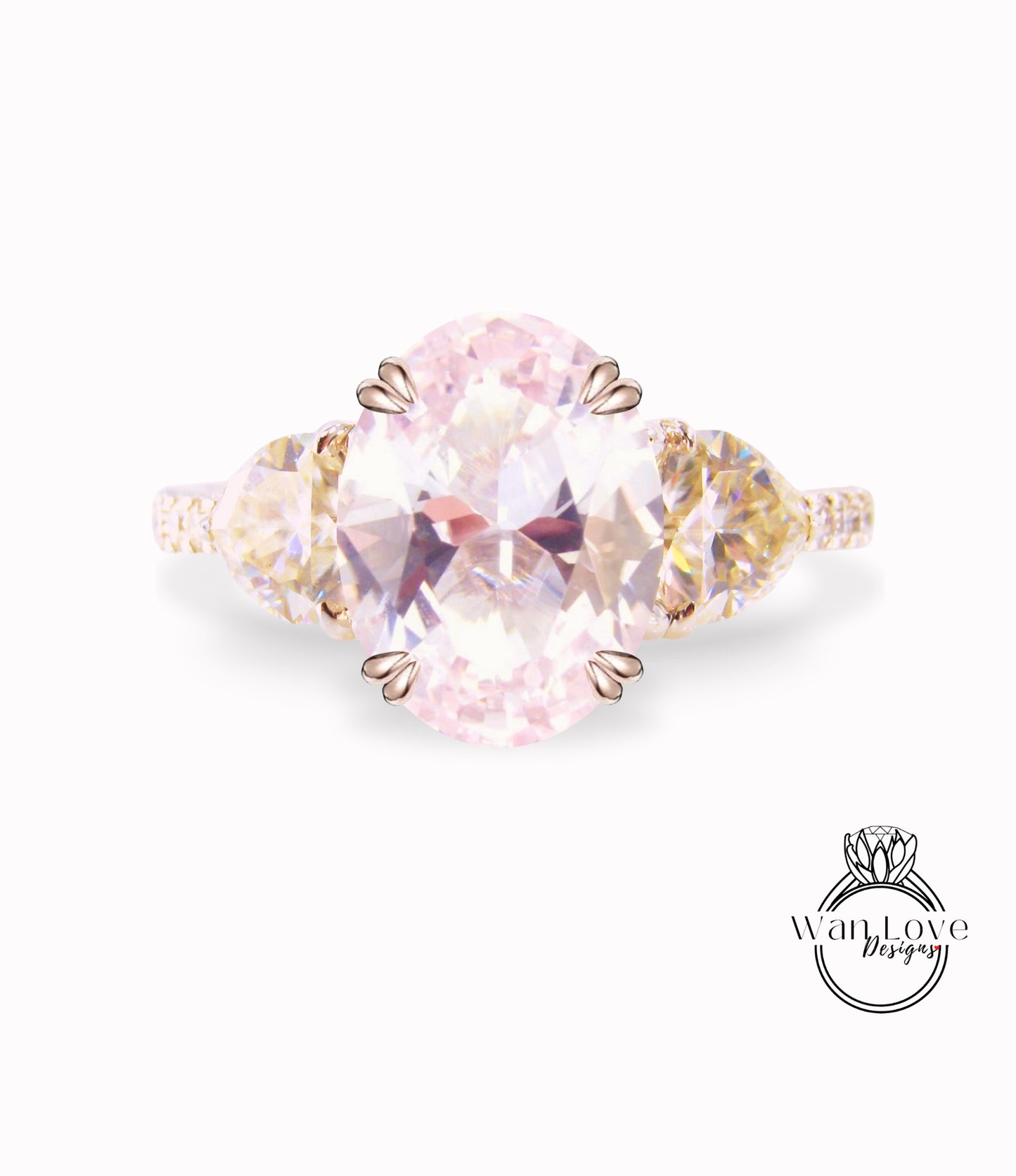 Light Pink Sapphire & Diamonds Elongated Oval Trillion Engagement Ring 3 Gem Stone triangle diamond band ring 14k 18k White Yellow Rose Gold,Platinum,Custom wedding Anniversary Gift