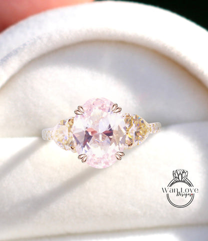 Light Pink Sapphire & Diamonds Elongated Oval Trillion Engagement Ring 3 Gem Stone triangle diamond band ring 14k 18k White Yellow Rose Gold,Platinum,Custom wedding Anniversary Gift