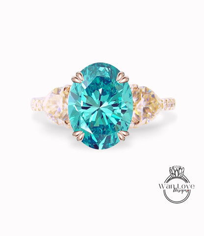 Teal Blue Green Moissanite & Diamonds Elongated Oval Trillion Engagement Ring 3 Gem Stone triangle diamond band ring 14k 18k White Yellow Rose Gold,Platinum,Custom wedding Anniversary Gift