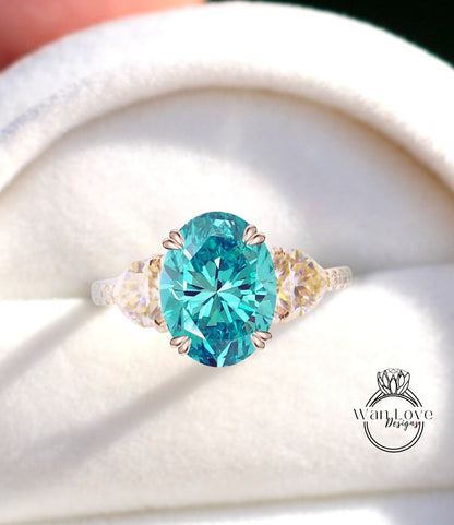 Teal Blue Green Moissanite & Diamonds Elongated Oval Trillion Engagement Ring 3 Gem Stone triangle diamond band ring 14k 18k White Yellow Rose Gold,Platinum,Custom wedding Anniversary Gift