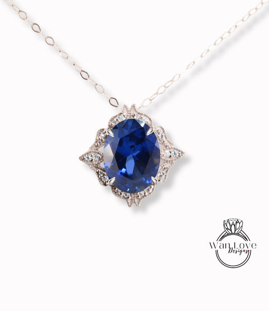 Ciondolo di lusso in zaffiro blu, collana Milgrain con diamanti Halo in zaffiro blu a taglio ovale, pendente in pietra portafortuna, ciondolo per matrimonio con diamanti regalo per lei