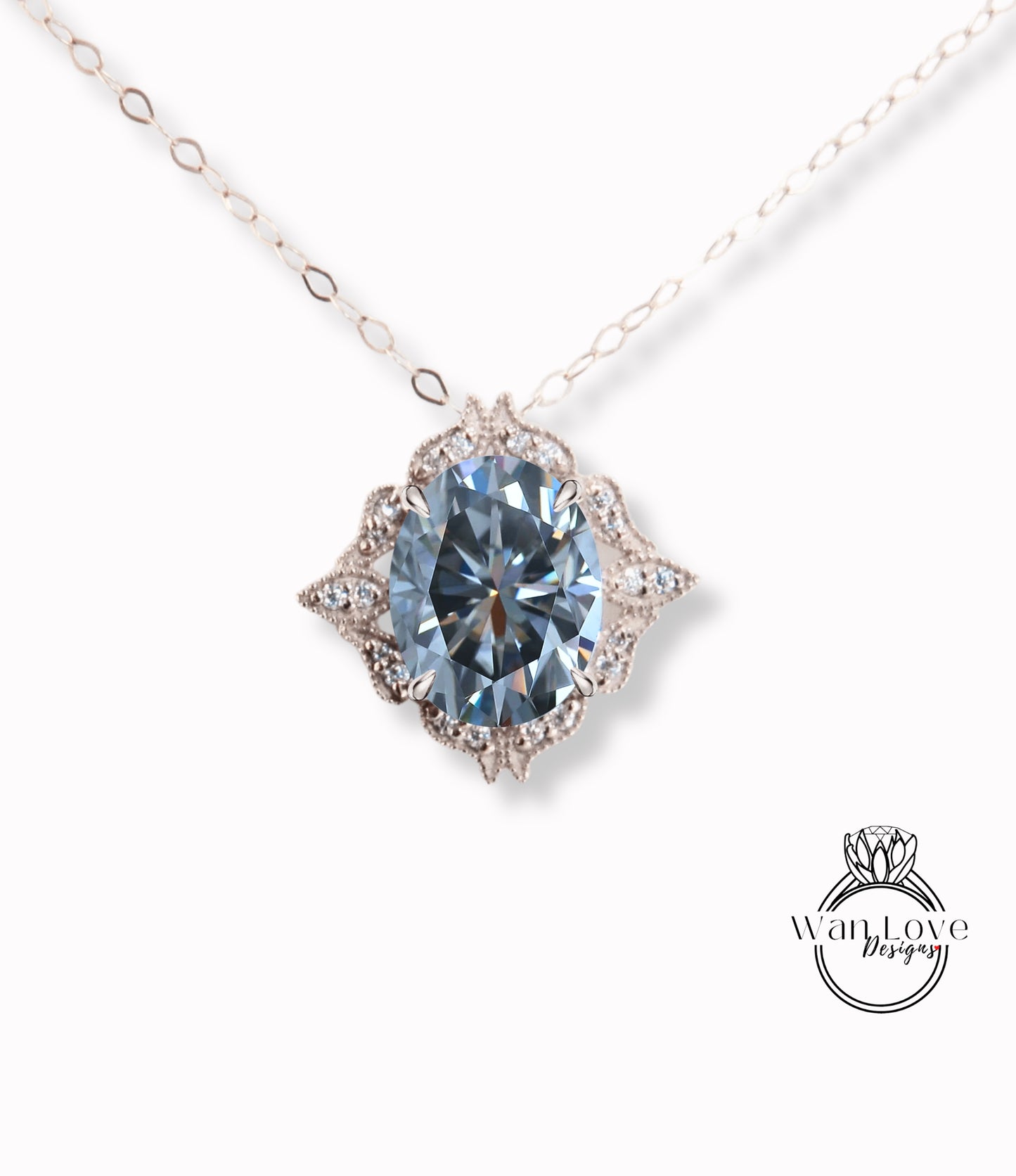 Ciondolo di lusso in zaffiro blu, collana Milgrain con diamanti Halo in zaffiro blu a taglio ovale, pendente in pietra portafortuna, ciondolo per matrimonio con diamanti regalo per lei