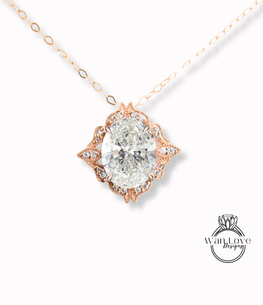 Moissanite & Diamond Antique Oval Cut Pendant, Milgrain Halo Pendant, Charm Pendant, Bridal Wedding jewelry Pendant, Anniversary Gift,Unique Birthstone Pendant