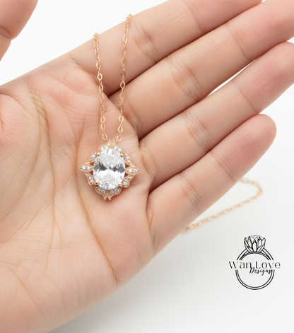 Collana con ciondolo in zaffiro bianco Art Déco. Unico alone vintage in Moissanite. Ciondolo da sposa. Regalo di gioielli per l'anniversario del giorno delle nozze floreale con taglio ovale