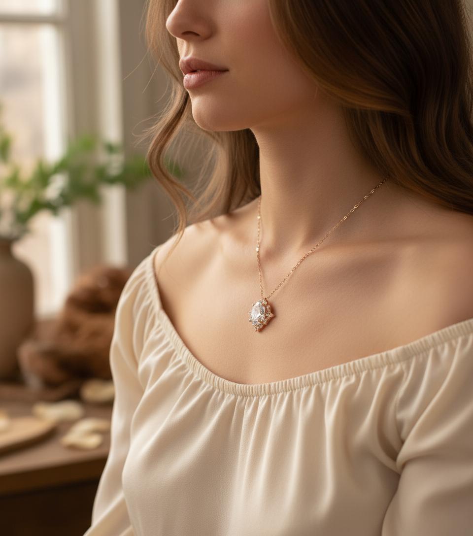 Collana con ciondolo in zaffiro bianco Art Déco. Unico alone vintage in Moissanite. Ciondolo da sposa. Regalo di gioielli per l'anniversario del giorno delle nozze floreale con taglio ovale