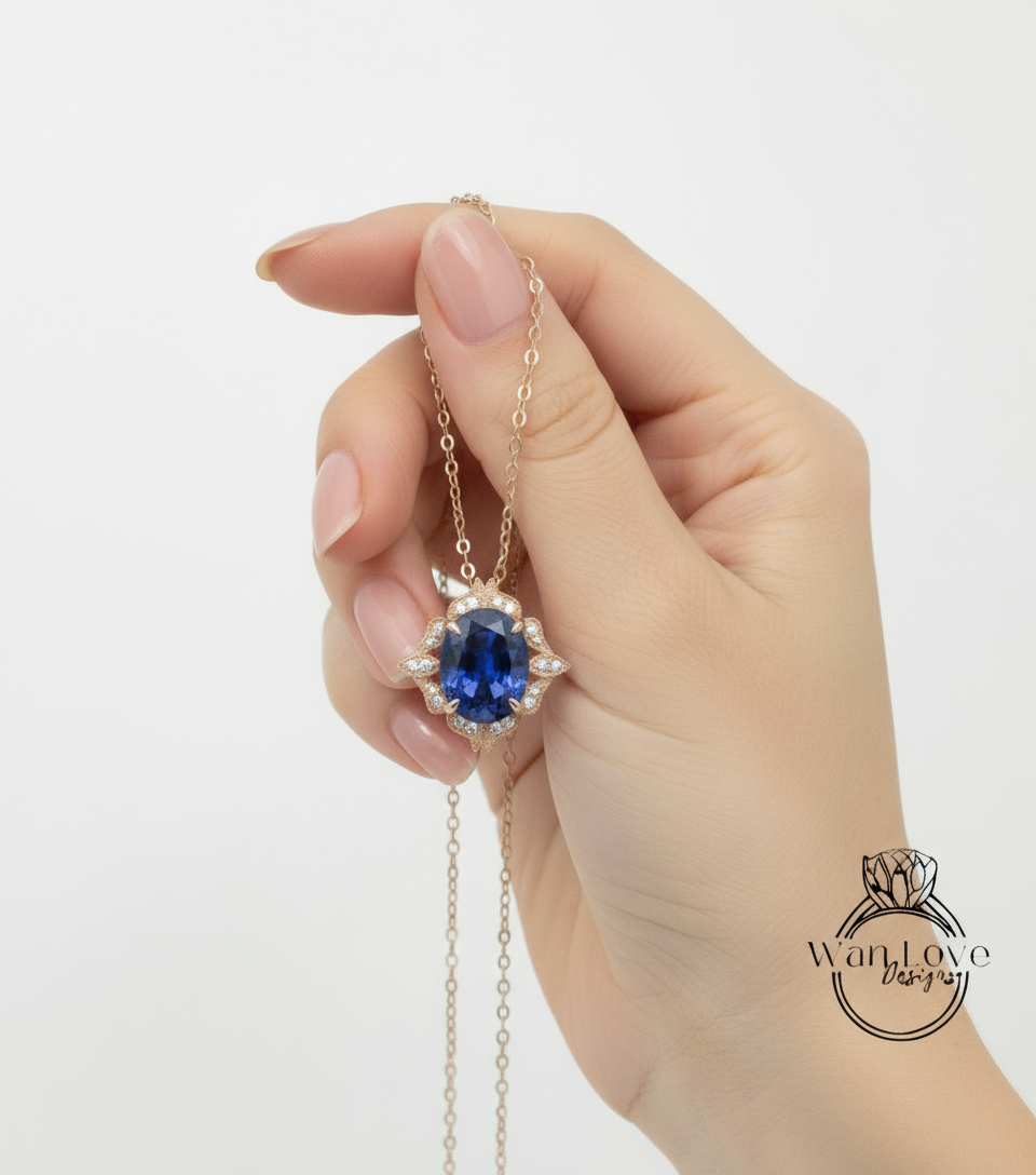 Luxury Blue Sapphire Charm, Oval Cut Blue Sapphire Milgrain Diamond Halo Necklace, Birthstone Pendant, Diamond Wedding Charm Gift For Her
