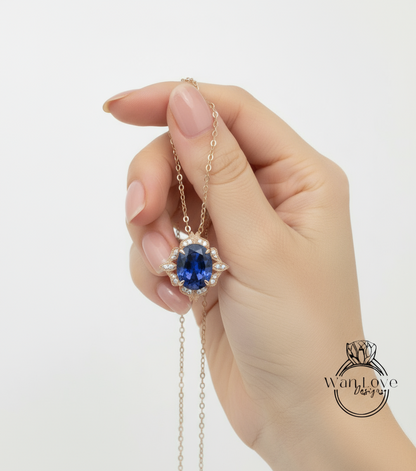 Luxury Blue Sapphire Charm, Oval Cut Blue Sapphire Milgrain Diamond Halo Necklace, Birthstone Pendant, Diamond Wedding Charm Gift For Her