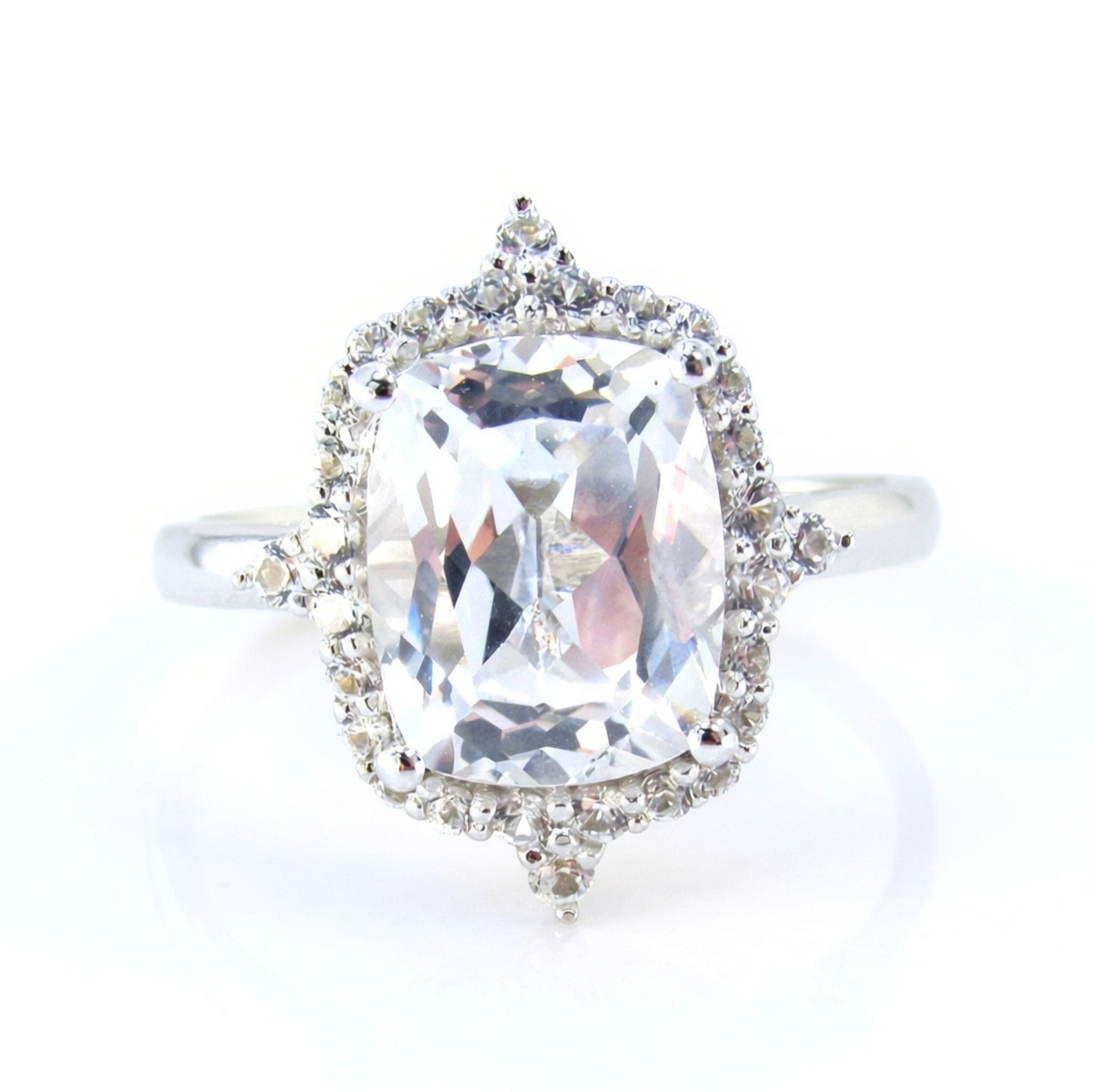 4ct Unique Floral Halo White Sapphire Engagement Ring, Elongated Cushion Sapphire Ring, White Gold Bridal Wedding Anniversary, Ready to Ship Wan Love Designs