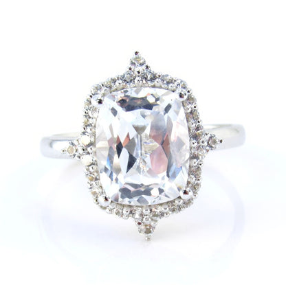 4ct Unique Floral Halo White Sapphire Engagement Ring, Elongated Cushion Sapphire Ring, White Gold Bridal Wedding Anniversary, Ready to Ship Wan Love Designs