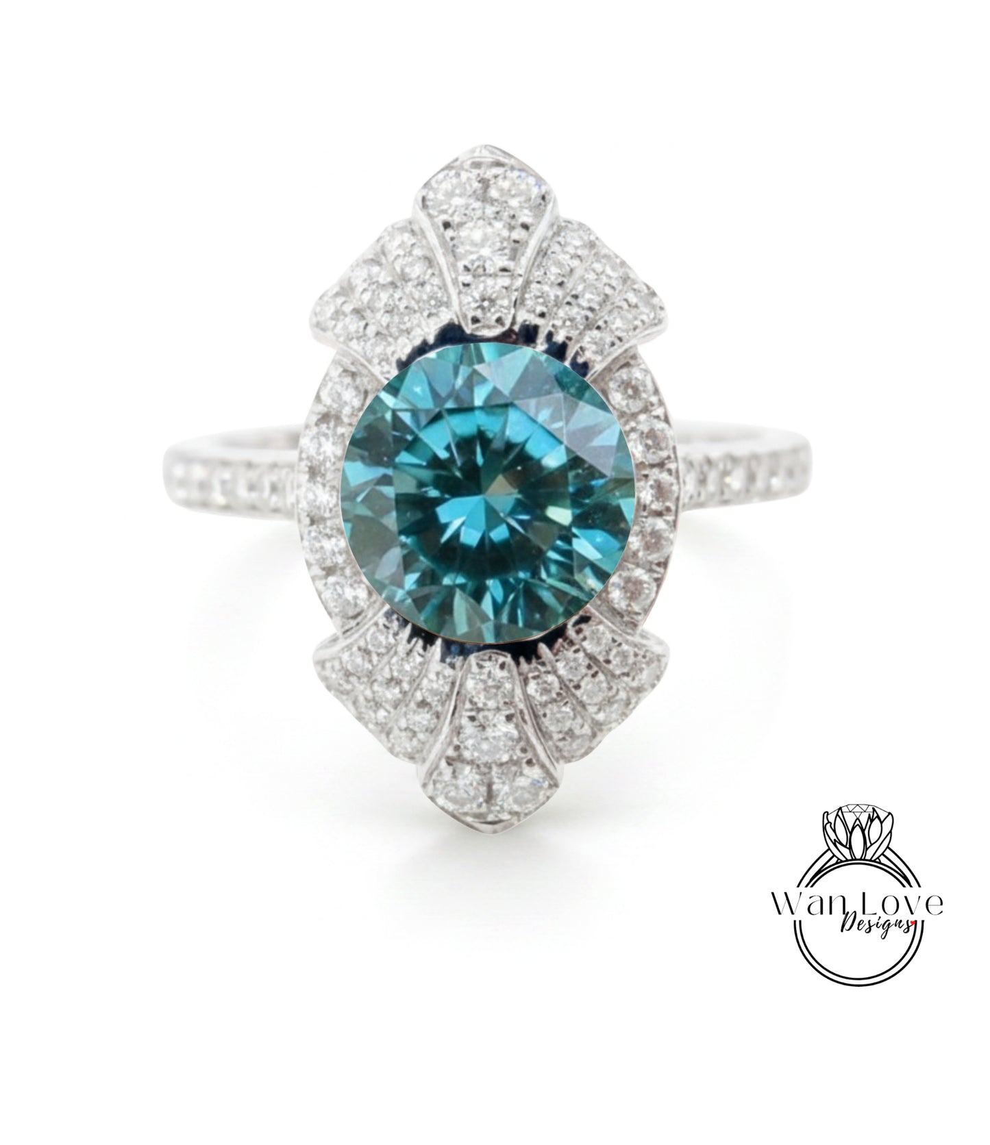 A stunning blue gemstone ring with a large central diamond surrounded by smaller diamonds, set in a silver band.