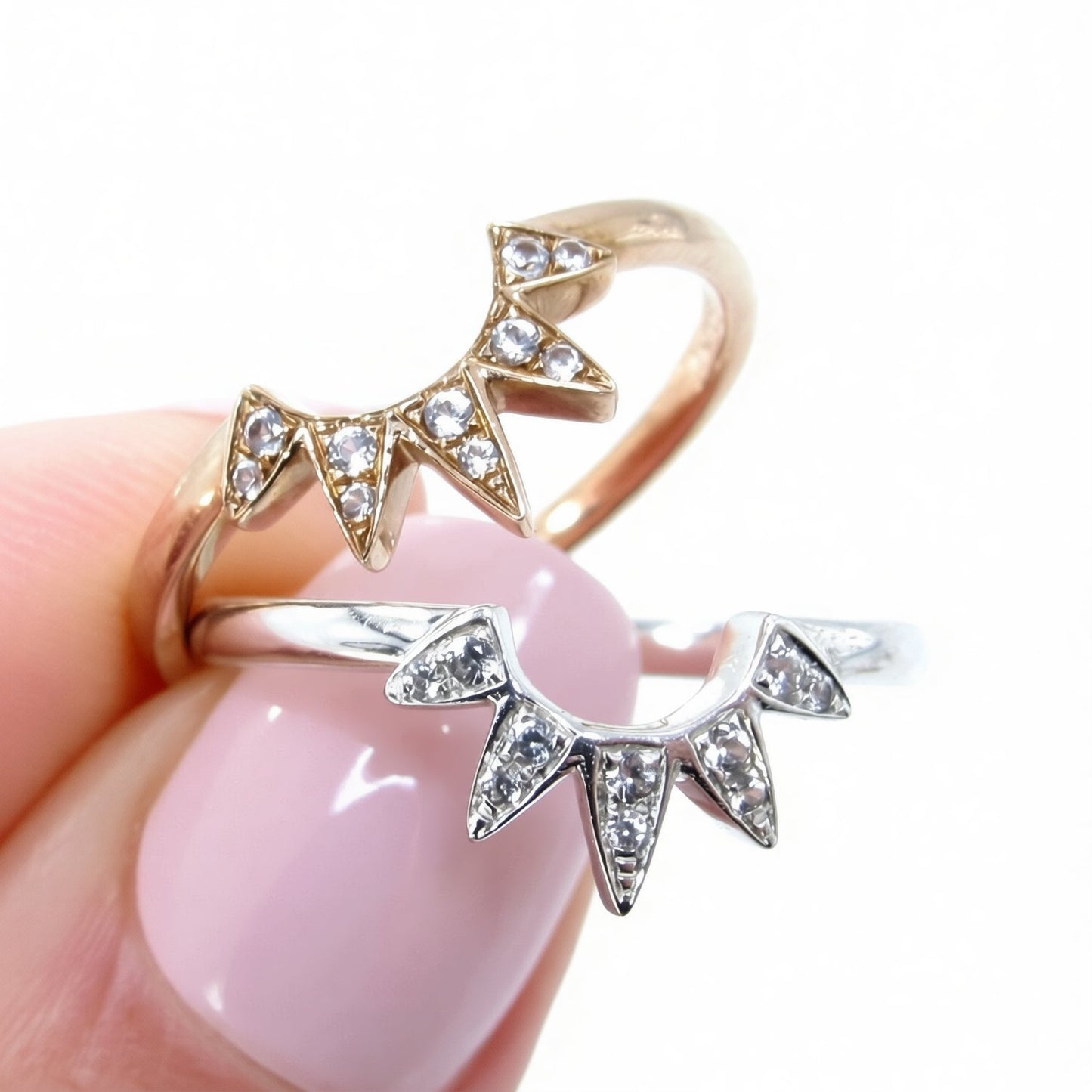 White Sapphire Starburst Wedding Band, Pointed Star Ring, Sunburst, Curved, Nesting, Rose Gold, White Gold, Custom, Engagement-Ready to Ship