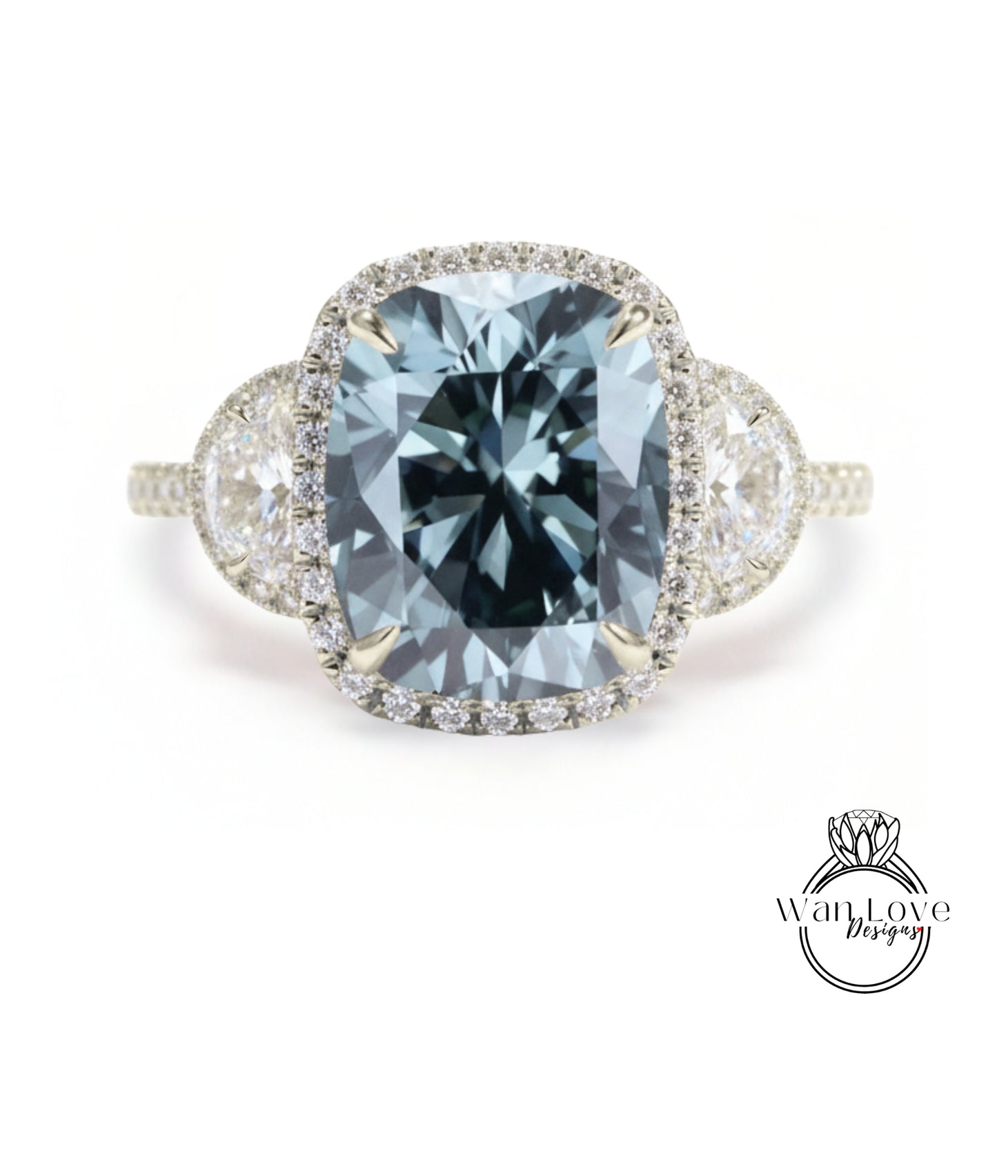 A stunning engagement ring with a large, blue gemstone set in a halo of smaller diamonds, surrounded by a delicate band of white diamonds.