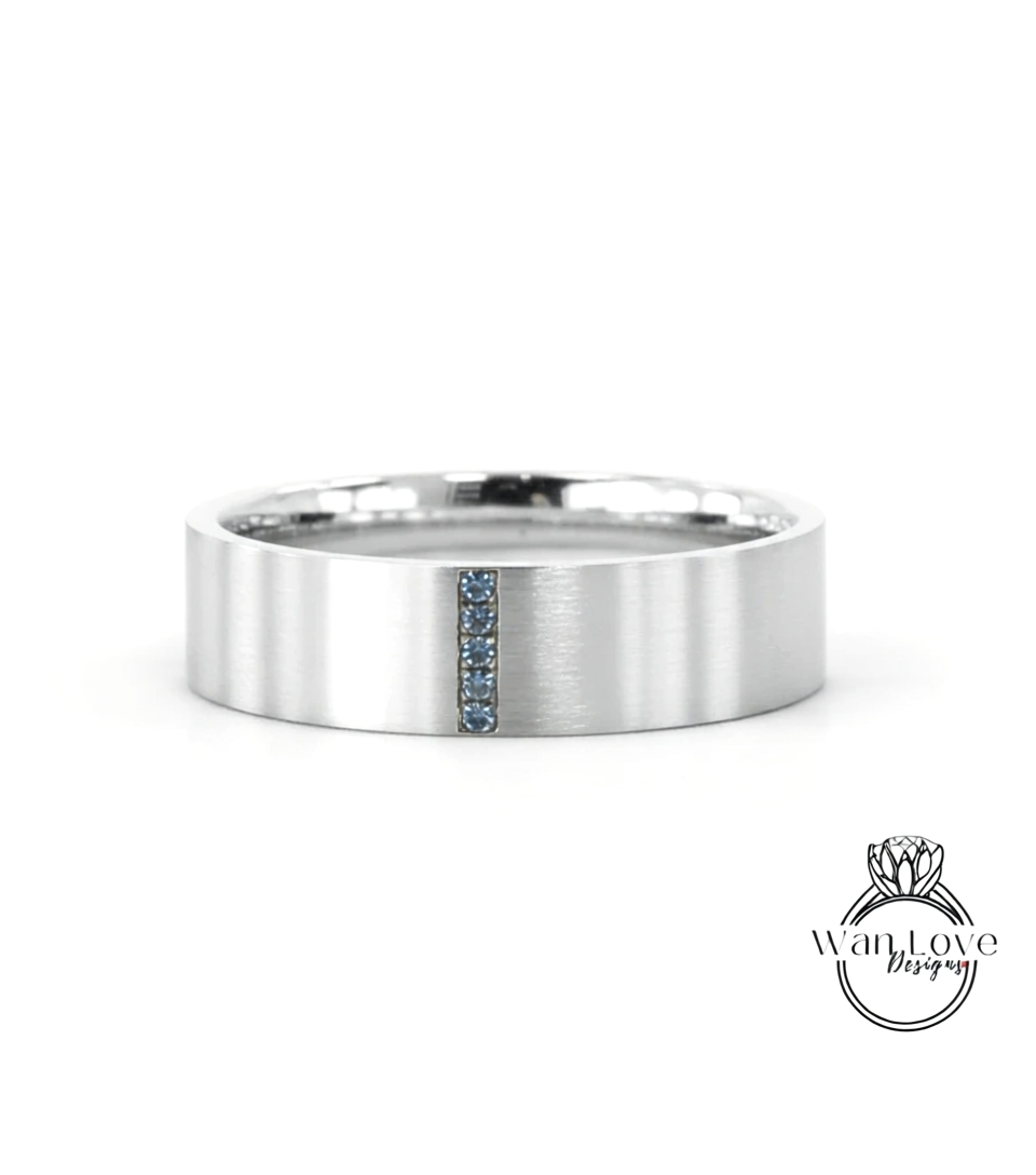 Solid gold men band flat wedding band Vintage Art deco Saphire band 14k solid white gold wedding band unique Bridal ring Anniversary Gift