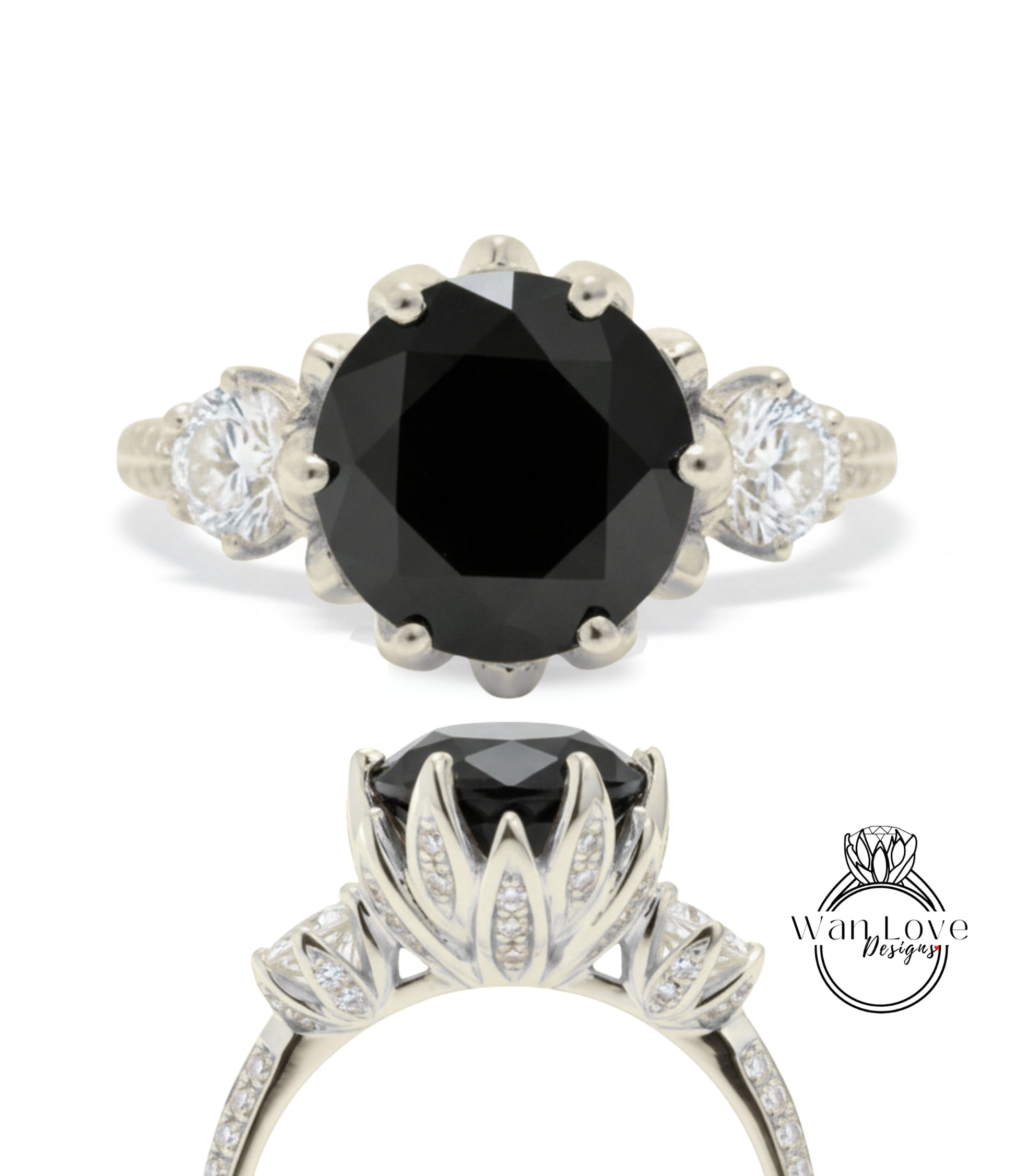 a silver ring with a large black gemstone, likely a diamond, as the centerpiece. The ring is adorned with multiple smaller diamonds set in the floral design.