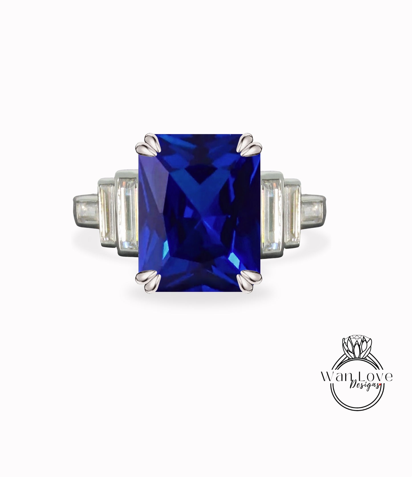 Blue Sapphire & Diamond Engagement Ring Emerald cut Baguette 7 Gem Stone bezel set ring wedding ring Bridal ring Moissanite Anniversary gift