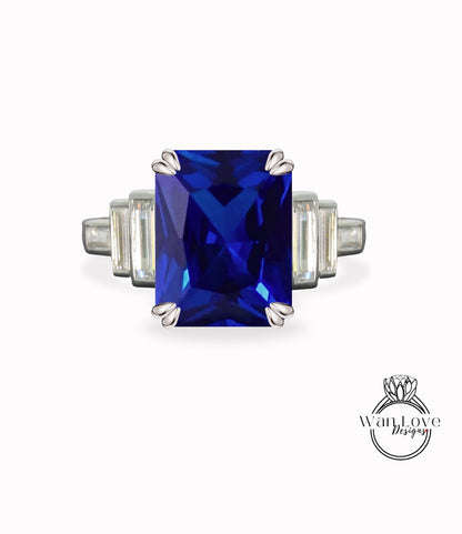 Blue Sapphire & Diamond Engagement Ring Emerald cut Baguette 7 Gem Stone bezel set ring wedding ring Bridal ring Moissanite Anniversary gift