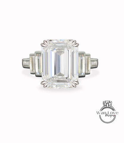 Art Deco Moissanite smeraldo anello di fidanzamento smeraldo Baguette 7 gemma pietra anello nuziale anello art deco nuziale anello promessa regalo di anniversario