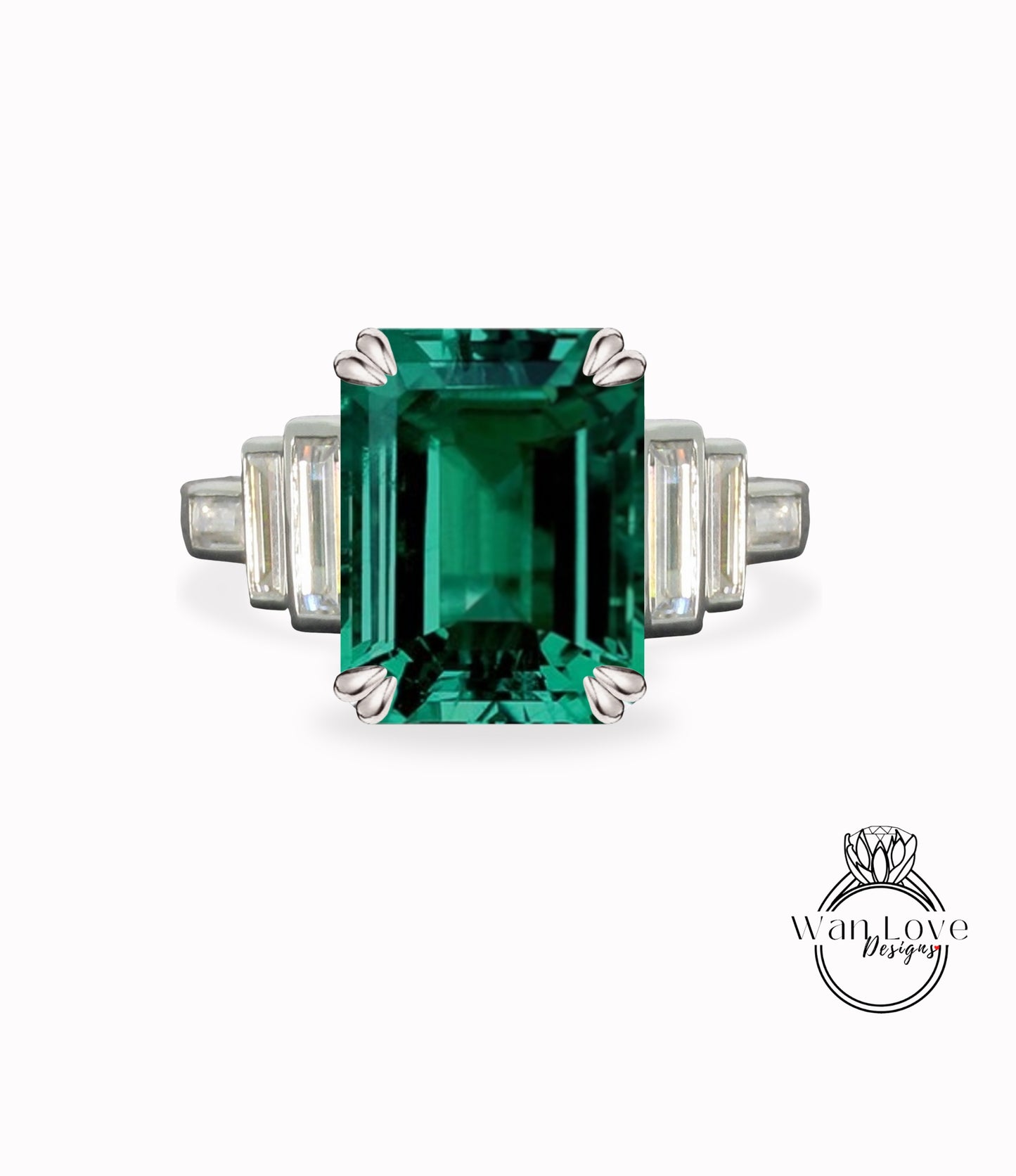 Custom for Janelle & Stephen Art Deco Green Emerald & Moissanite Engagement Ring Emerald Baguette 7 Gem Stone ring wedding ring art deco Bridal ring Promise Anniversary gift