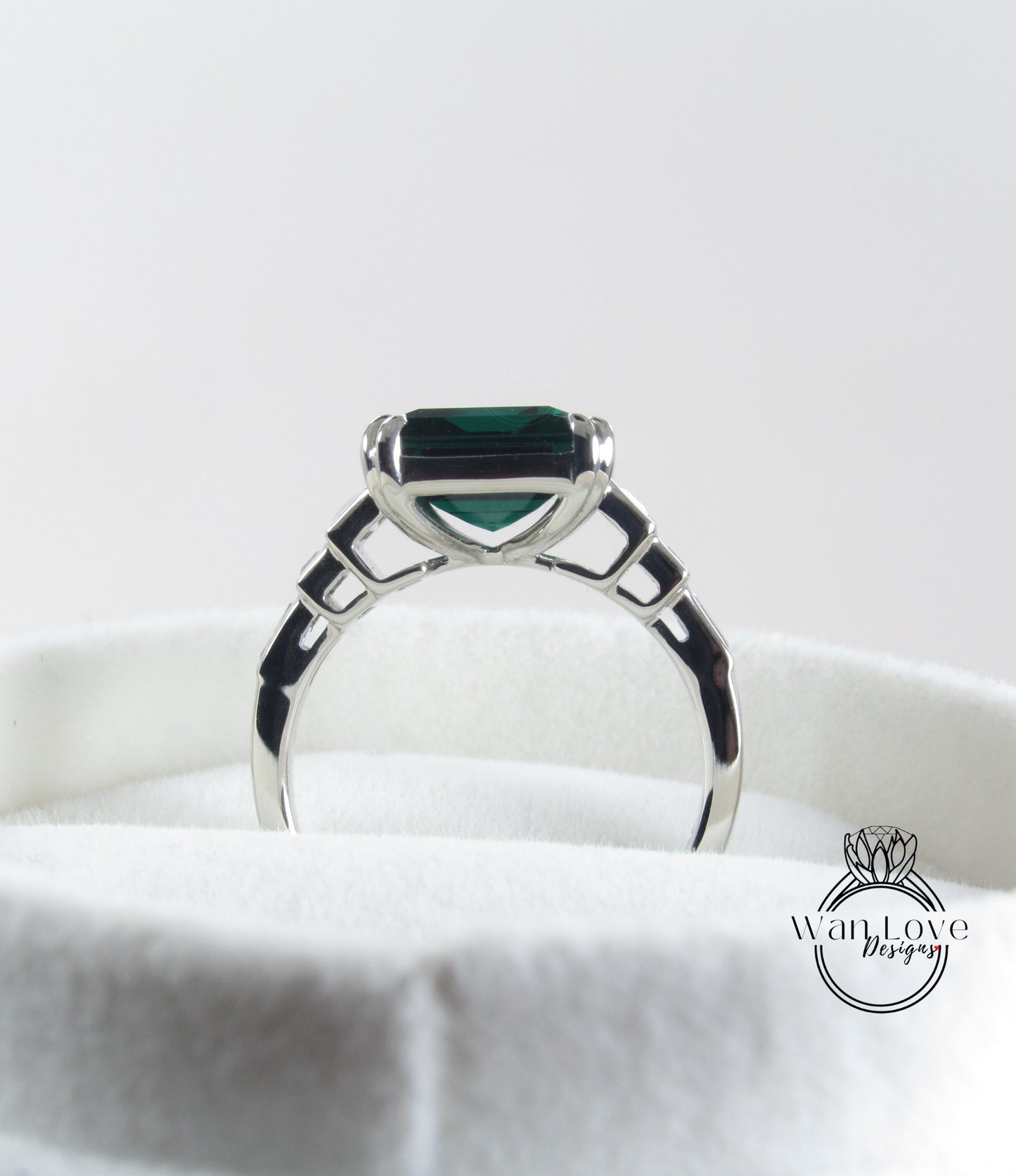 Art Deco Emerald & Diamond Engagement Ring Emerald cut Baguette 7 Gem Stone bezel set ring wedding ring Bridal ring Moissanite Anniversary gift