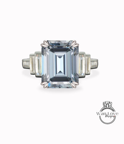 Grey Moissanite & Diamond Engagement Ring Emerald cut Baguette 7 Gem Stone bezel set ring wedding ring Bridal ring Moissanite Anniversary gift