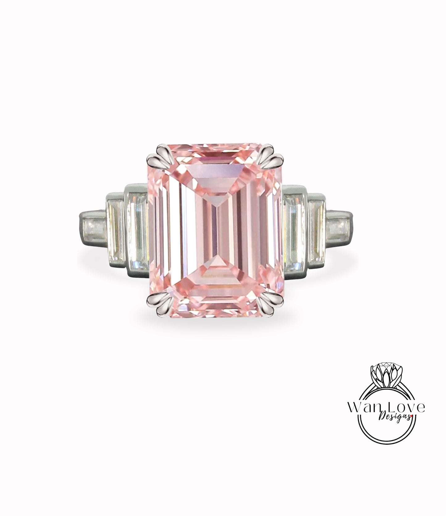 Peach Sapphire & Diamond Engagement Ring Emerald cut Baguette 7 Gem Stone bezel set ring wedding ring Bridal ring Moissanite Anniversary gift