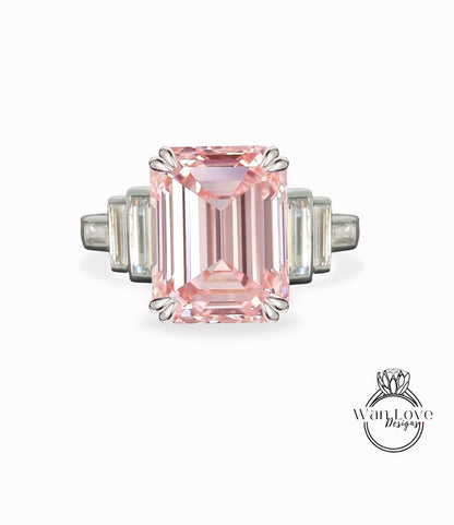 Peach Sapphire & Diamond Engagement Ring Emerald cut Baguette 7 Gem Stone bezel set ring wedding ring Bridal ring Moissanite Anniversary gift