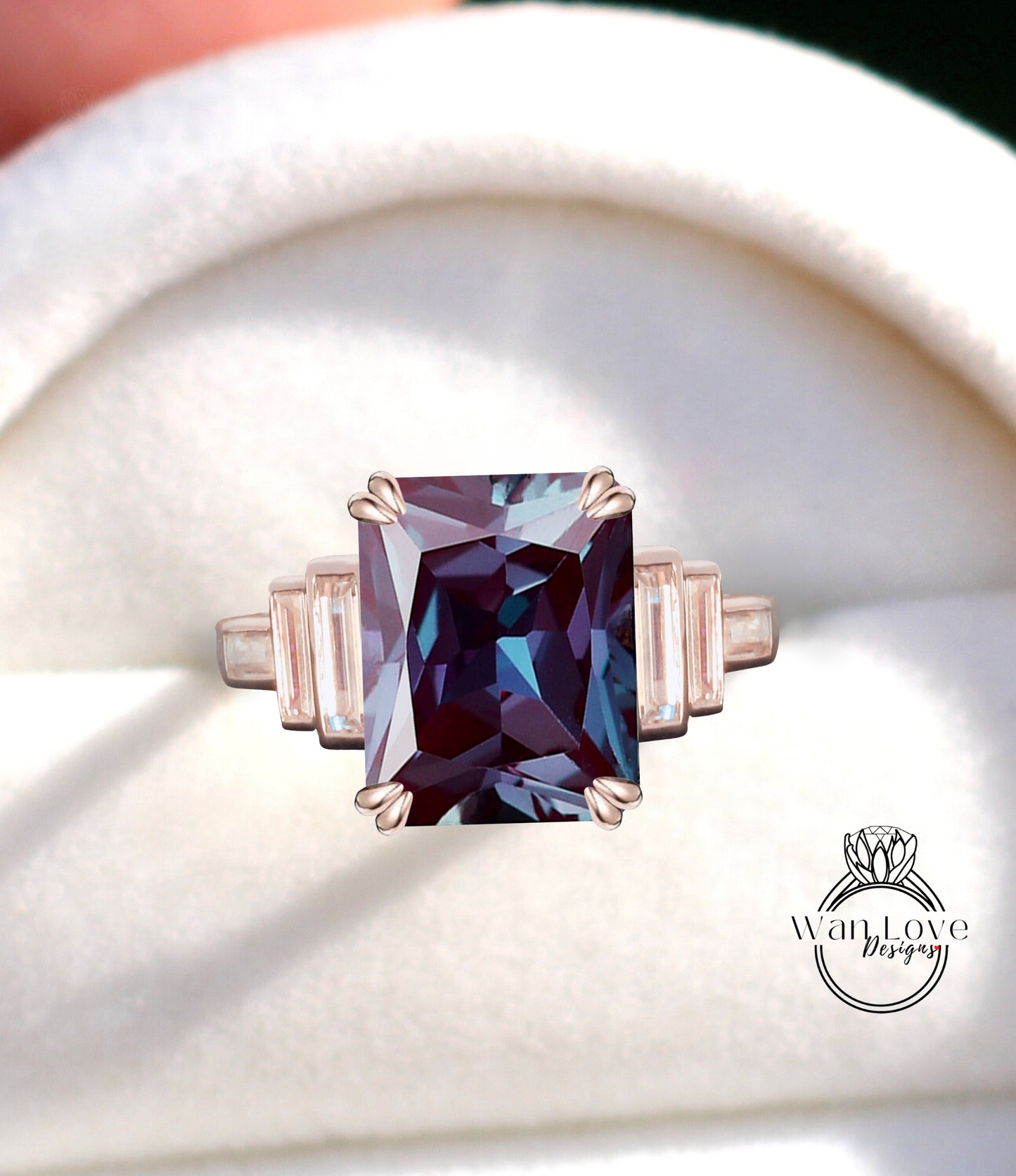 Alexandrite & Diamond Engagement Ring Emerald cut Baguette 7 Gem Stone bezel set ring wedding ring Bridal ring Moissanite Anniversary gift