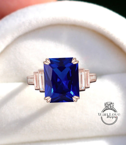 Blue Sapphire & Diamond Engagement Ring Emerald cut Baguette 7 Gem Stone bezel set ring wedding ring Bridal ring Moissanite Anniversary gift