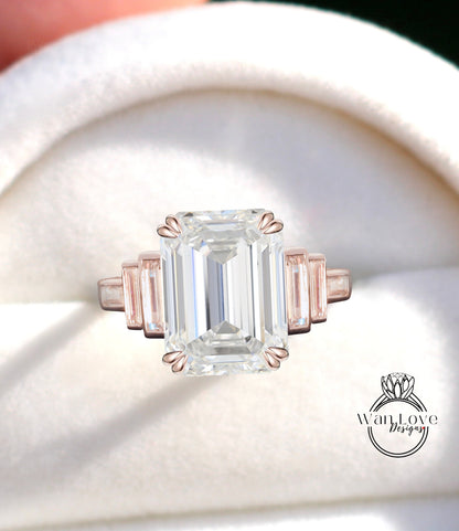 Art Deco Moissanite smeraldo anello di fidanzamento smeraldo Baguette 7 gemma pietra anello nuziale anello art deco nuziale anello promessa regalo di anniversario