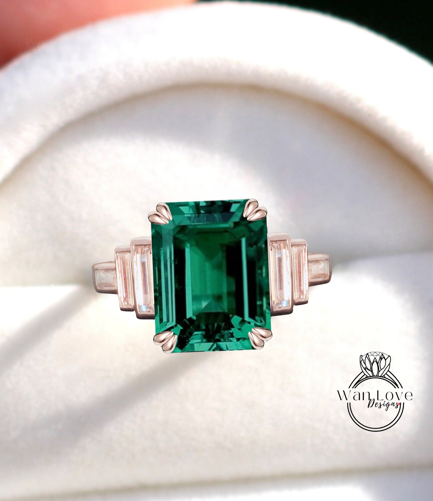 Art Deco Emerald & Diamond Engagement Ring Emerald cut Baguette 7 Gem Stone bezel set ring wedding ring Bridal ring Moissanite Anniversary gift