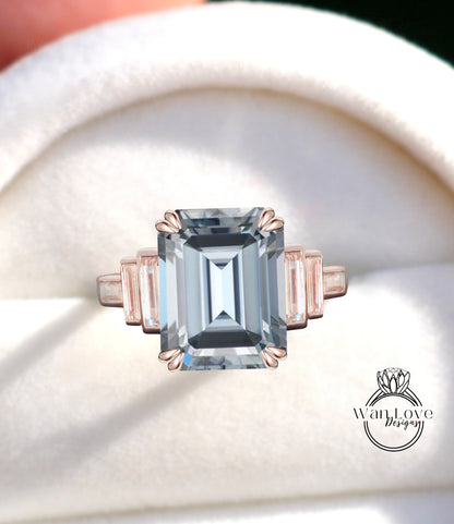 Grey Moissanite & Diamond Engagement Ring Emerald cut Baguette 7 Gem Stone bezel set ring wedding ring Bridal ring Moissanite Anniversary gift